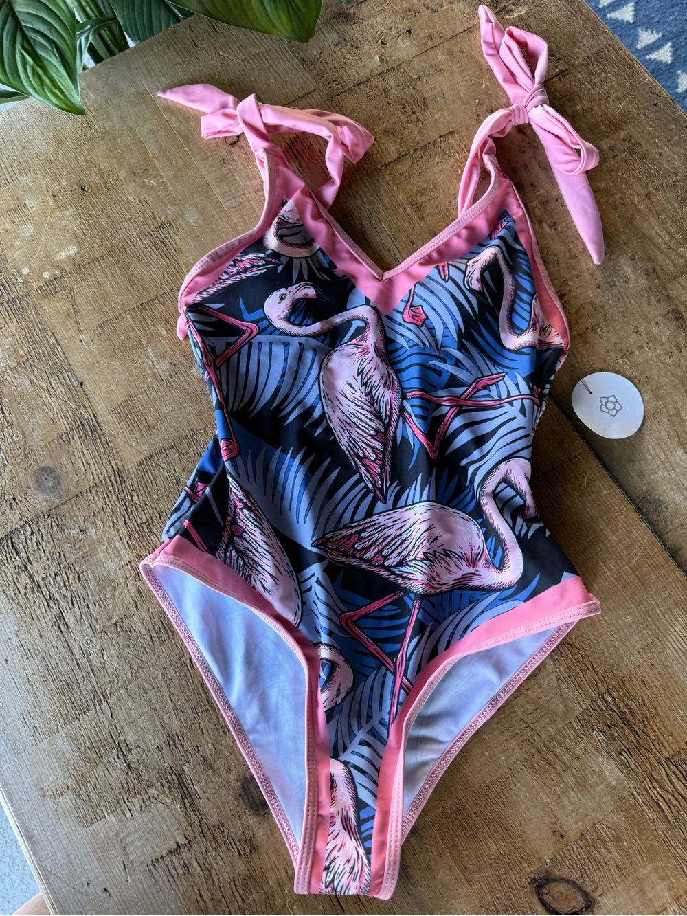 Pink Flamingo Print One-Piece Swimsuit with Tie Straps- S